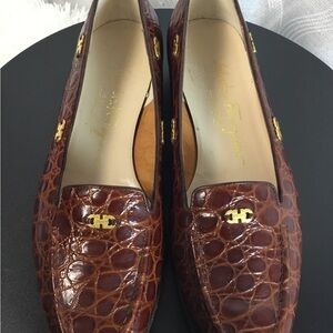 Salvatore Ferragamo Brown Croc-Embossed Leather Loafers with Gold Hardware